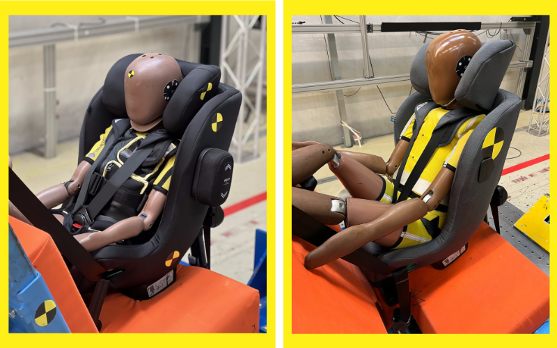 Crash test dummies testing Axkid car seats.